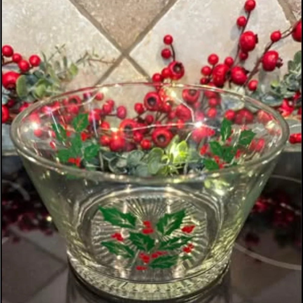 Festive Glass Bowl with Holly Design